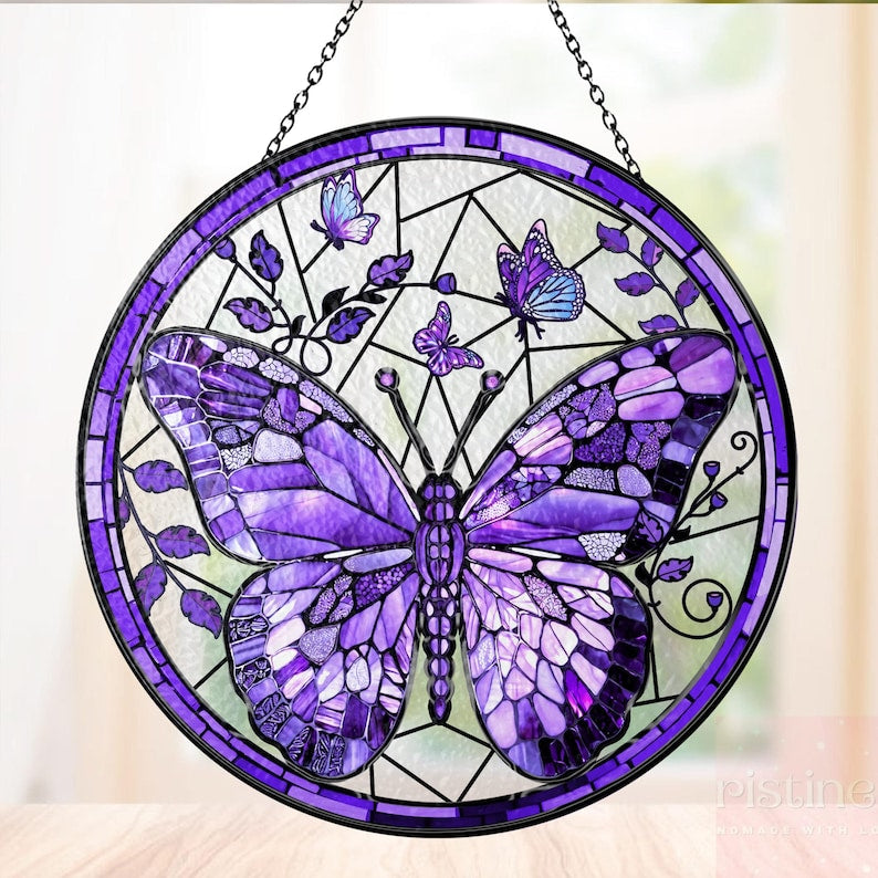 Lila Schmetterling, Buntglas-Sonnenfänger, Fensterdekoration zum Aufhängen, Gartendekoration