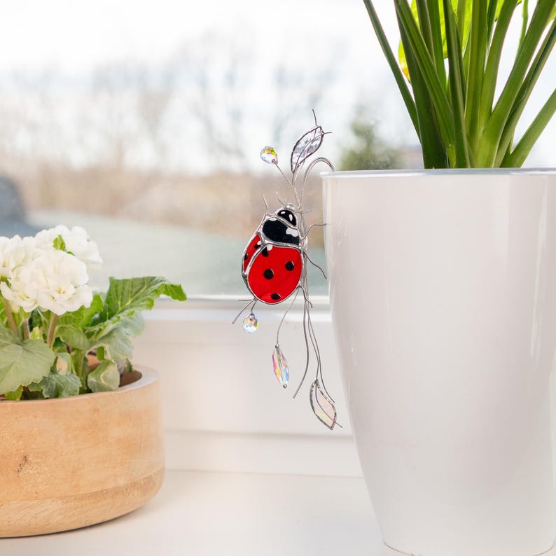 Glas Marienkäfer Pflanzenstecker mit Kristallen - Suncatcher Gartendeko