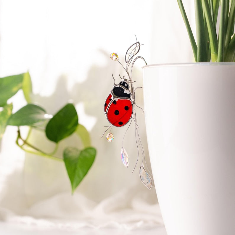 Glas Marienkäfer Pflanzenstecker mit Kristallen - Suncatcher Gartendeko