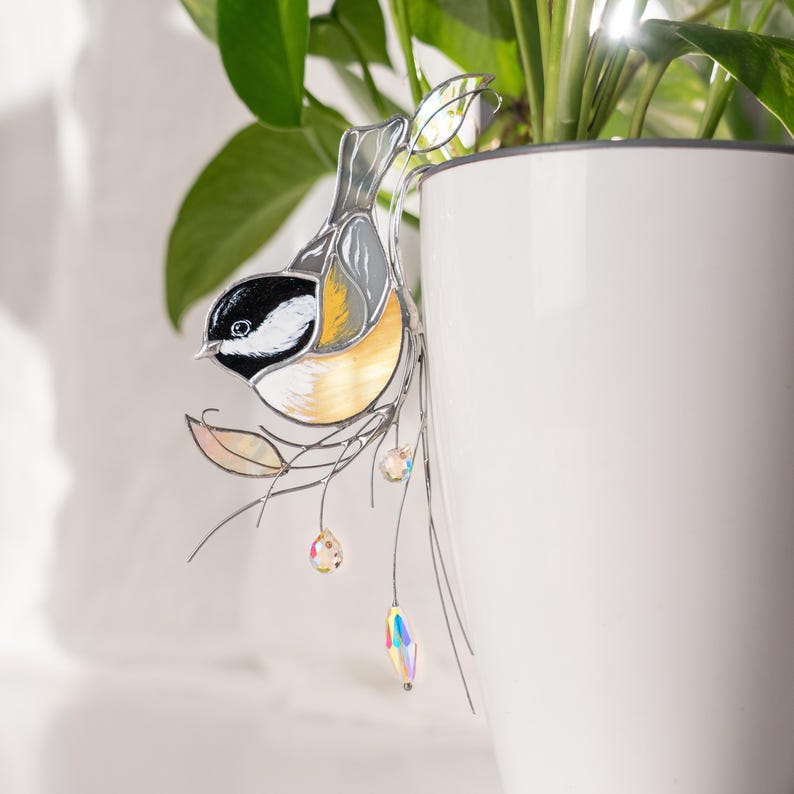 Stained Glass Chickadee Pflanzenstecker - Kristall Suncatcher, 4 x 6 Zoll, Handgefertigt