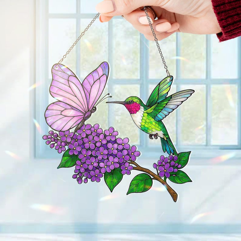 Hologramm Acryl Suncatcher mit Kolibri und Schmetterling, Fensterbehang, 2-seitiger Druck, 3.5-12 Zoll