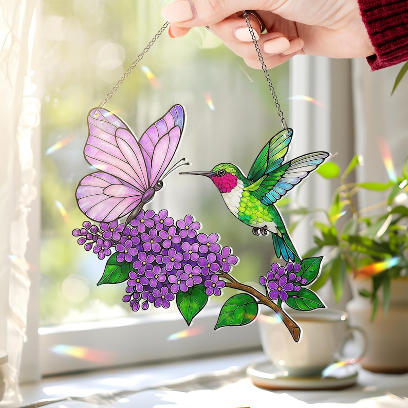 Hologramm Acryl Suncatcher mit Kolibri und Schmetterling, Fensterbehang, 2-seitiger Druck, 3.5-12 Zoll