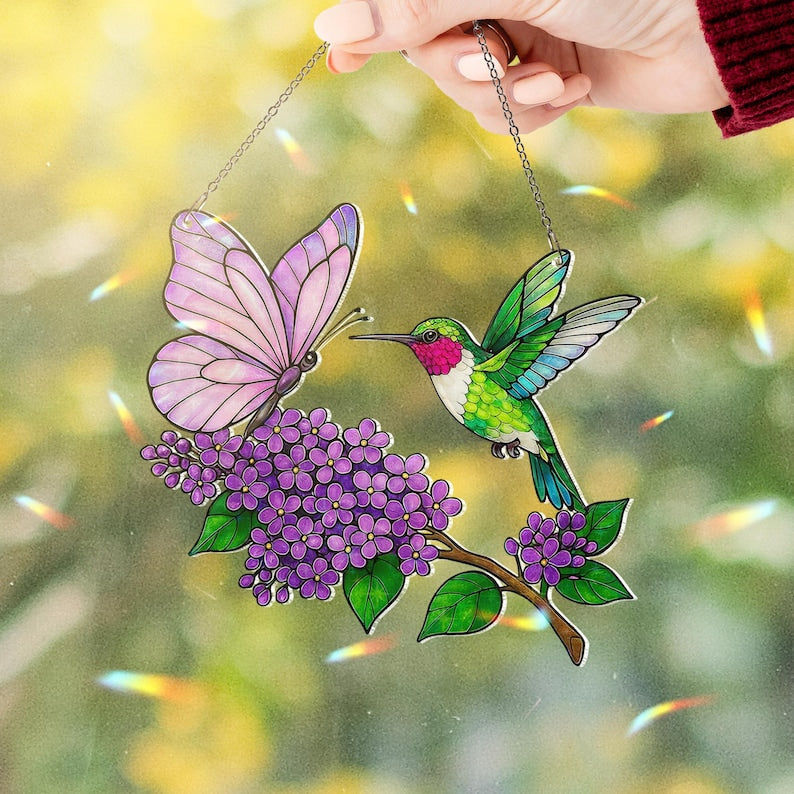 Hologramm Acryl Suncatcher mit Kolibri und Schmetterling, Fensterbehang, 2-seitiger Druck, 3.5-12 Zoll