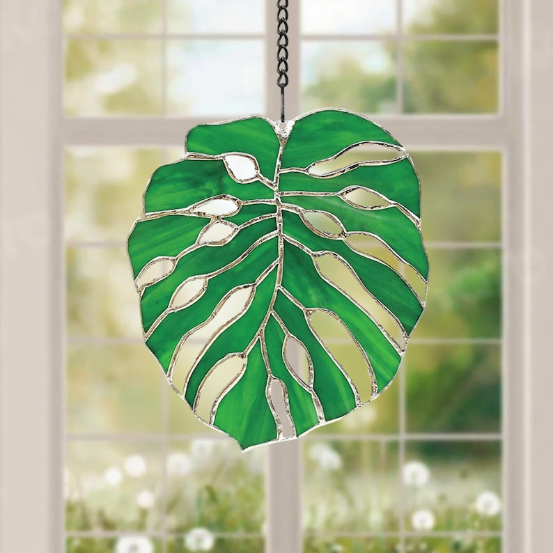 Grünes Blatt Glasmalerei Suncatcher Fensterbehang Handgefertigt Naturdeko