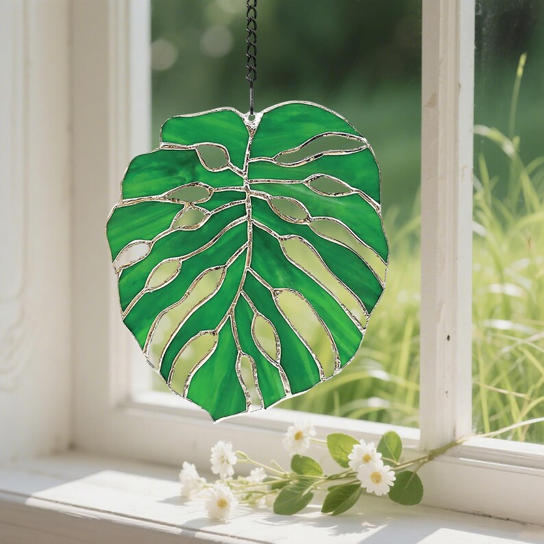 Grünes Blatt Glasmalerei Suncatcher Fensterbehang Handgefertigt Naturdeko