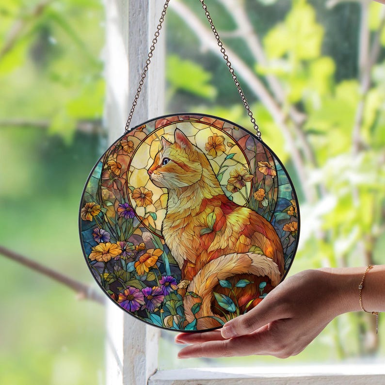 Orangefarbener Katzen-Buntglas-Sonnenfänger – Handgefertigter Glas-Sonnenfänger mit Zinkrahmen für Fenster