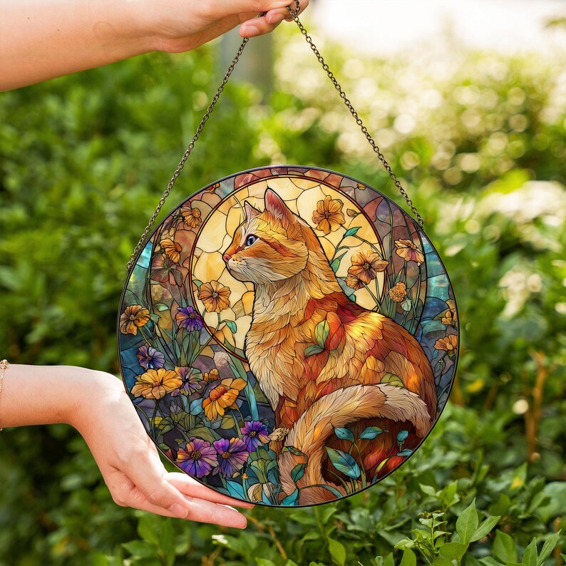 Orangefarbener Katzen-Buntglas-Sonnenfänger – Handgefertigter Glas-Sonnenfänger mit Zinkrahmen für Fenster