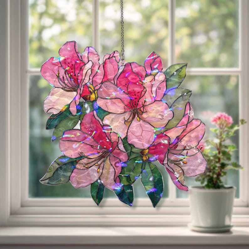 Acryl Suncatcher, Rosa Azalee, Blumenfenster hängende Tafel, Glasmalerei Stil Wohnkultur