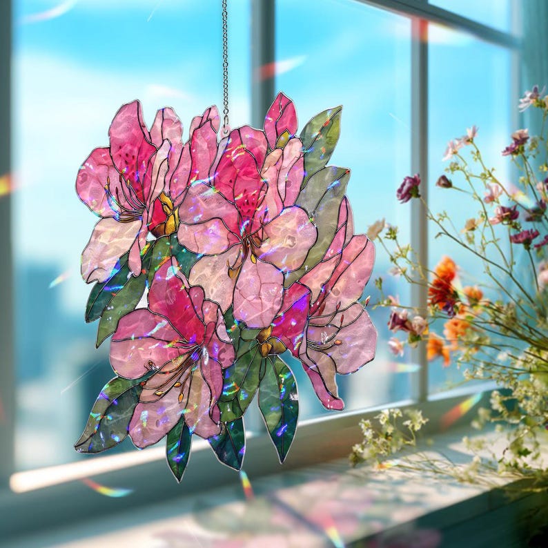 Acryl Suncatcher, Rosa Azalee, Blumenfenster hängende Tafel, Glasmalerei Stil Wohnkultur