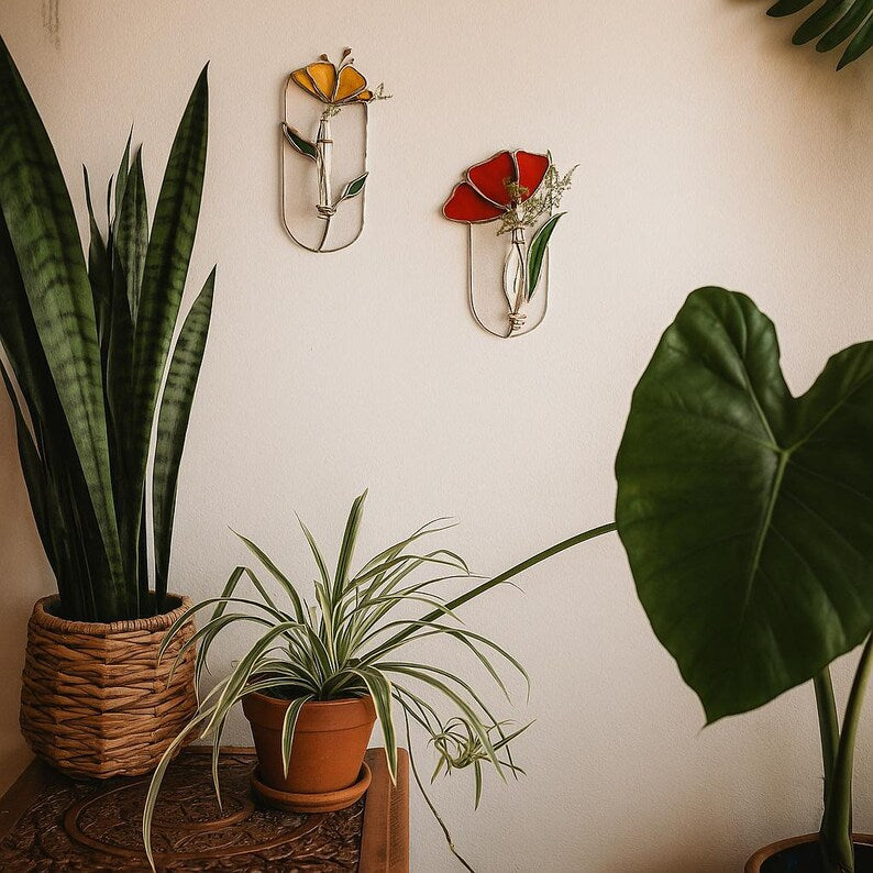 Glasmalerei Mohnblumen Wandvase Tiffany-Art Suncatcher Pflanzenvermehrungsstation Blumenwandkunst Boho-Dekor