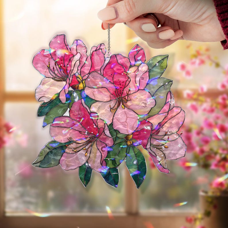 Acryl Suncatcher, Rosa Azalee, Blumenfenster hängende Tafel, Glasmalerei Stil Wohnkultur