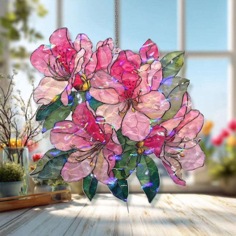Acryl Suncatcher, Rosa Azalee, Blumenfenster hängende Tafel, Glasmalerei Stil Wohnkultur