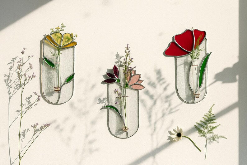 Rosa Glasvase mit Reagenzglas | Tiffany-Kupferfolie Magnolien Wandvase | Boho Suncatcher Dekor
