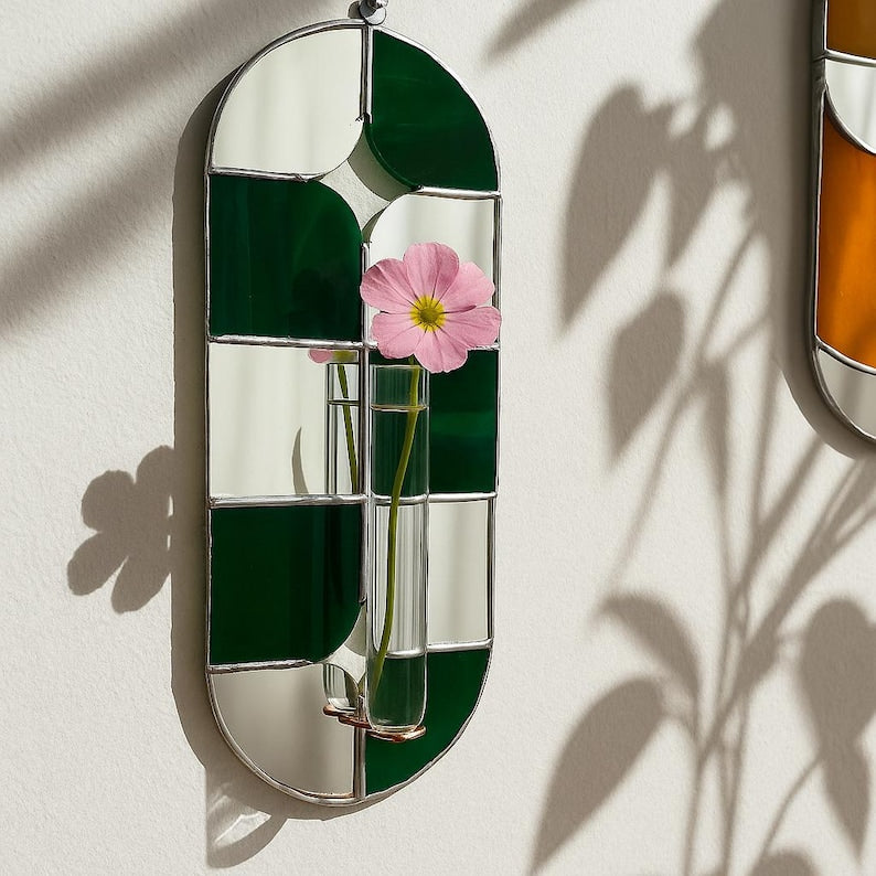 Grüne Buntglas-Wandvase mit Spiegel, Tiffany-Kupferfolie, Reagenzglas, 20 cm
