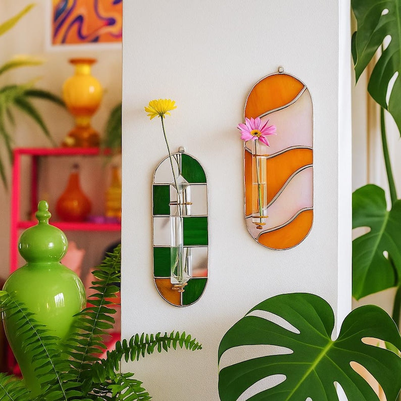 Grüne Buntglas-Wandvase mit Spiegel, Tiffany-Kupferfolie, Reagenzglas, 20 cm