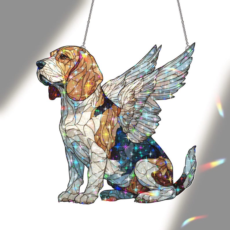Buntglas Beagle Sonnenfänger - Holographische Acryl Fenster Dekoration mit weißen Engelsflügeln, Regenbogen Lichtfänger