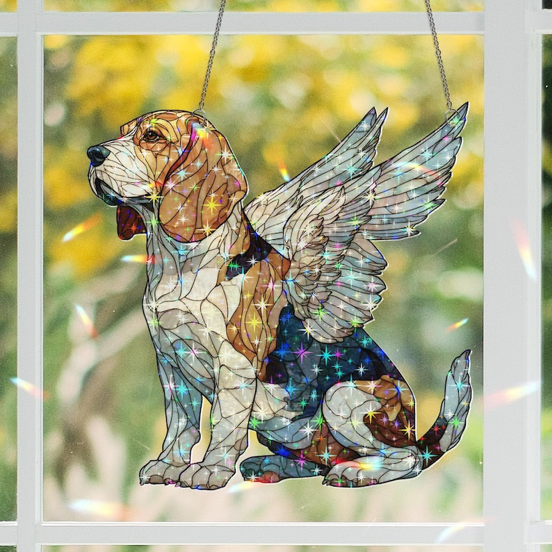 Buntglas Beagle Sonnenfänger - Holographische Acryl Fenster Dekoration mit weißen Engelsflügeln, Regenbogen Lichtfänger