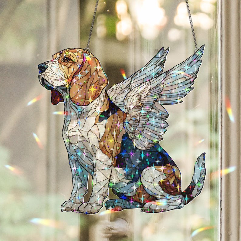 Buntglas Beagle Sonnenfänger - Holographische Acryl Fenster Dekoration mit weißen Engelsflügeln, Regenbogen Lichtfänger