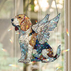 Buntglas Beagle Sonnenfänger - Holographische Acryl Fenster Dekoration mit weißen Engelsflügeln, Regenbogen Lichtfänger