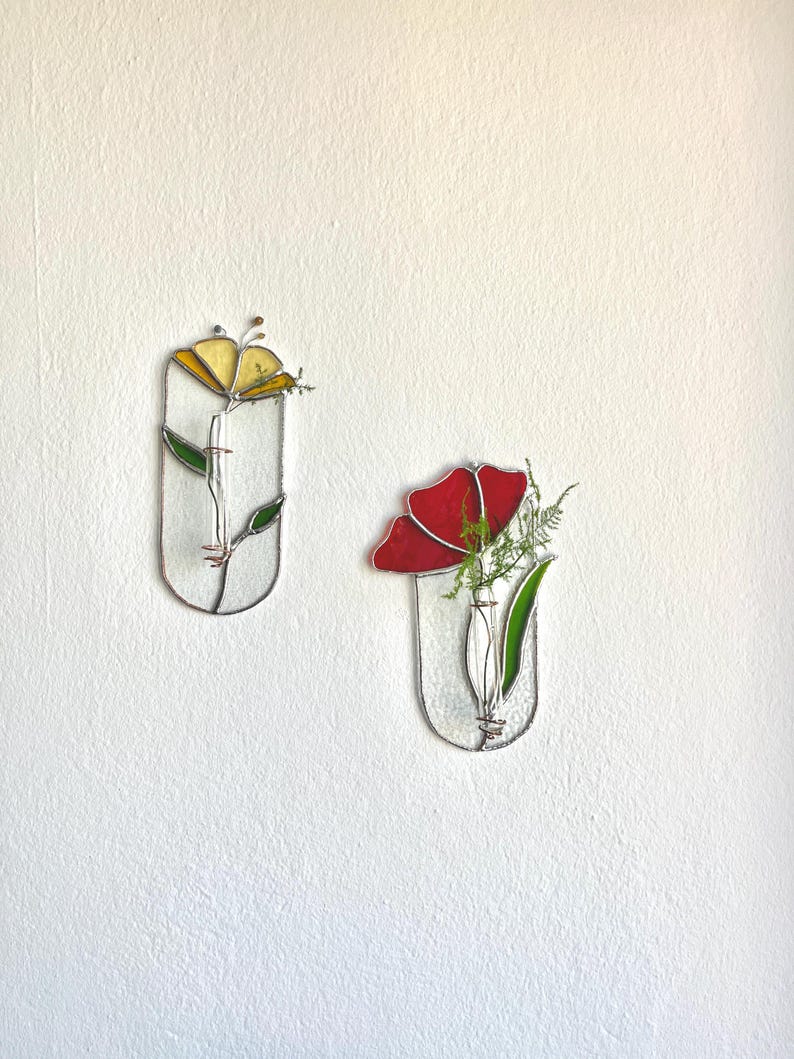 Glasmalerei Mohnblumen Wandvase Tiffany-Art Suncatcher Pflanzenvermehrungsstation Blumenwandkunst Boho-Dekor