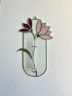 Rosa Glasvase mit Reagenzglas | Tiffany-Kupferfolie Magnolien Wandvase | Boho Suncatcher Dekor