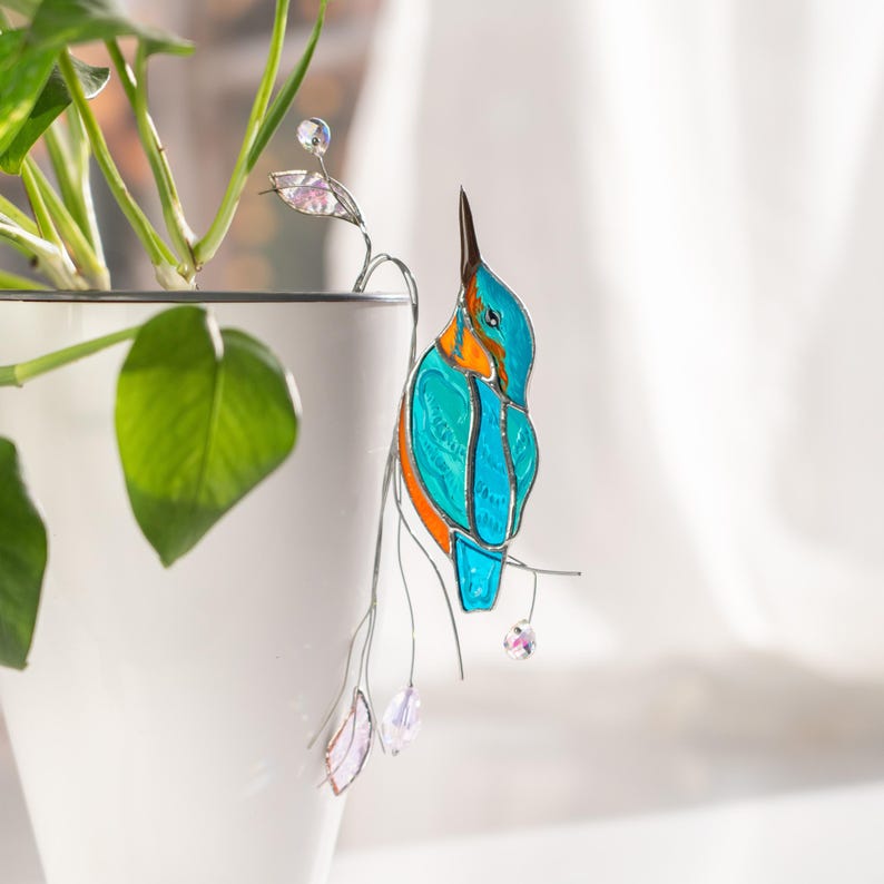 Eisvogel Buntglas Pflanzenstecker - Kristall Sonnenfänger Gartenstecker - Handgefertigt 4x6,5 Zoll