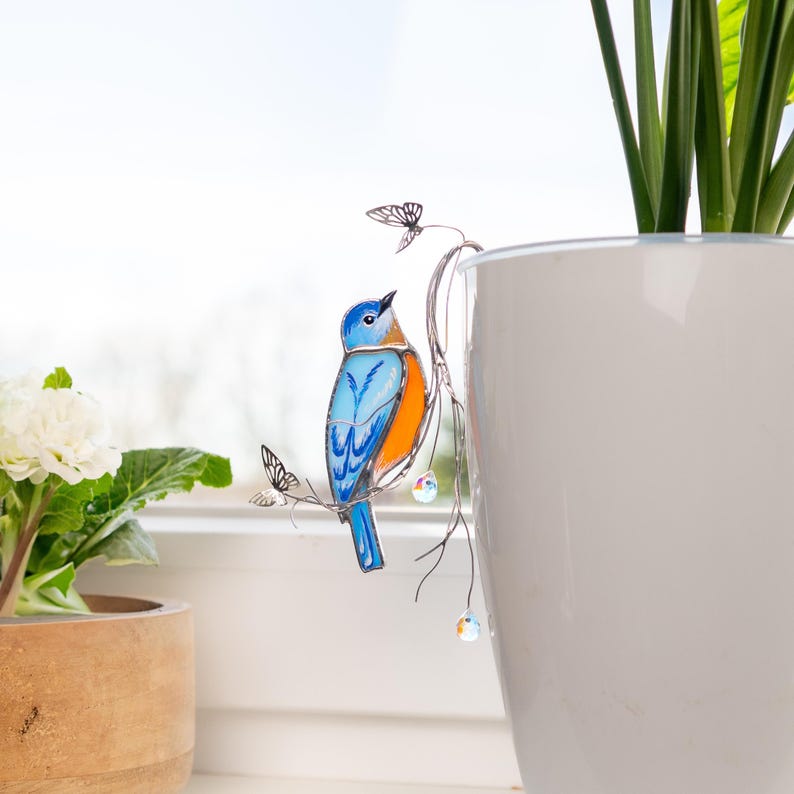 Stained Glass Bluebird Plant Stakes - Handgefertigtes Glas-Dekor mit Kristallen