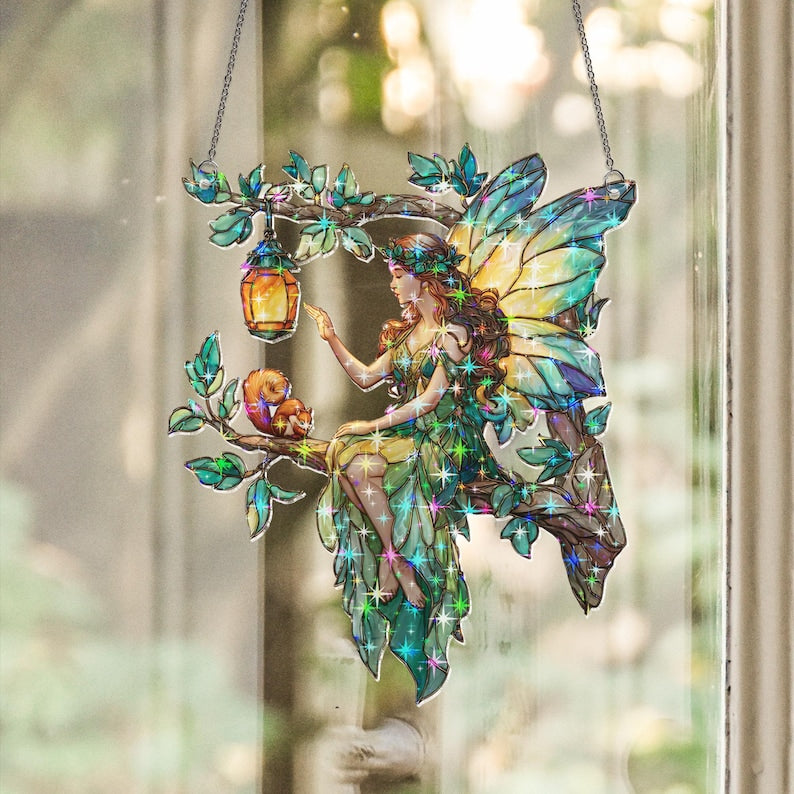 Holografischer Acryl-Feen-Sonnenfänger mit Schmetterlingsflügeln, Laterne & Eichhörnchen, Fensterdekoration, 3,5-12 Zoll