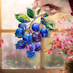Blaubeere Acryl Suncatcher – Fensterhängedekor mit grünen Blättern, Obst-Design für Küche und Garten