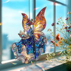 Acryl-Sonnenfänger Lesefee mit leuchtenden Flügeln, Glasmalerei-Stil, Fantasy Wohnkultur