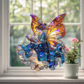 Acryl-Sonnenfänger Lesefee mit leuchtenden Flügeln, Glasmalerei-Stil, Fantasy Wohnkultur