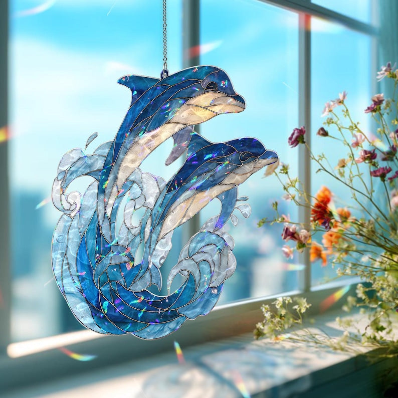 Acryl Suncatcher Ozeanwelle Buntglas Stil Blau Meer Fenster Panel Küsten Dekor