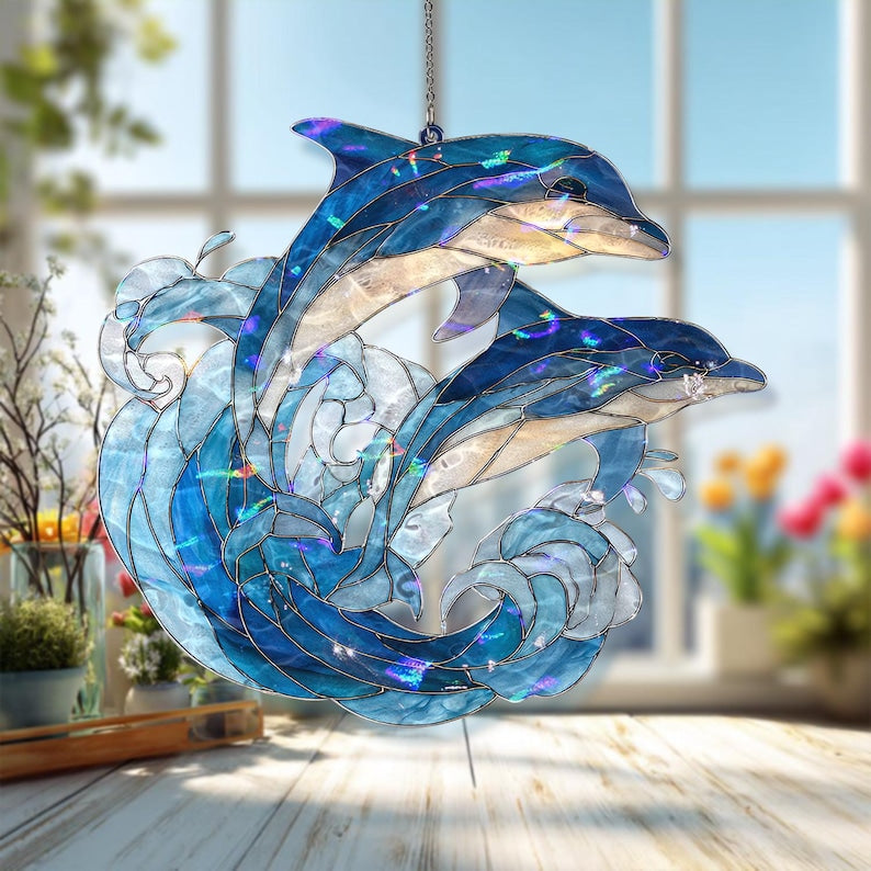 Acryl Suncatcher Ozeanwelle Buntglas Stil Blau Meer Fenster Panel Küsten Dekor