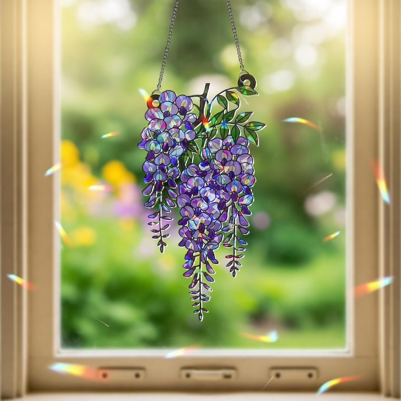 Glyzinien Sonnenfänger Lila Blumenkranz Hologramm Acryl Fensterdekoration