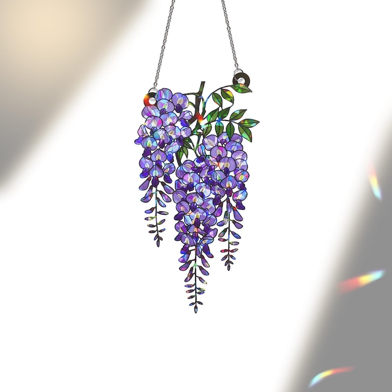 Glyzinien Sonnenfänger Lila Blumenkranz Hologramm Acryl Fensterdekoration