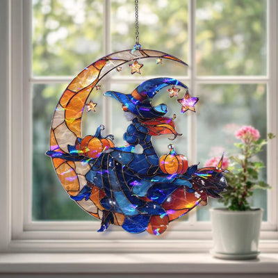 Acryl Suncatcher Hexe auf Halbmond, Faux Glasmalerei Kürbis Fensterschmuck, Gruselige Niedliche Herbst Wohnkultur