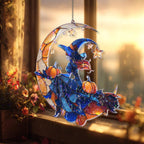 Acryl Suncatcher Hexe auf Halbmond, Faux Glasmalerei Kürbis Fensterschmuck, Gruselige Niedliche Herbst Wohnkultur