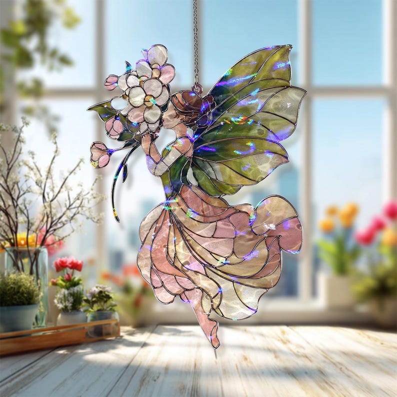 Acryl-Sonnenfänger Fee Blumen Fensterbehang Rosa Grün Wandkunst