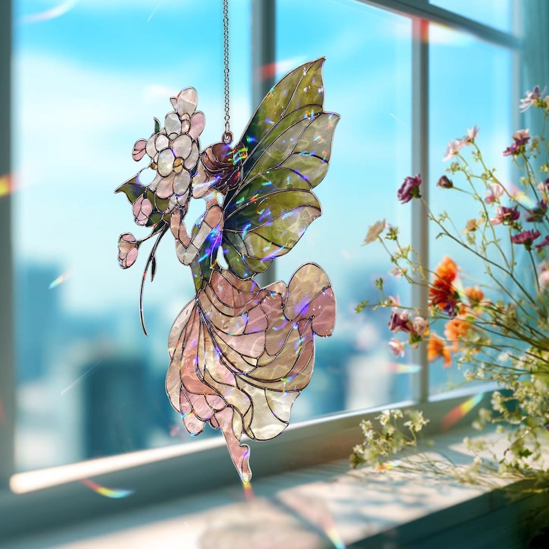 Acryl-Sonnenfänger Fee Blumen Fensterbehang Rosa Grün Wandkunst