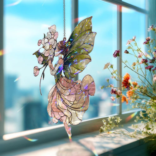 Acryl-Sonnenfänger Fee Blumen Fensterbehang Rosa Grün Wandkunst