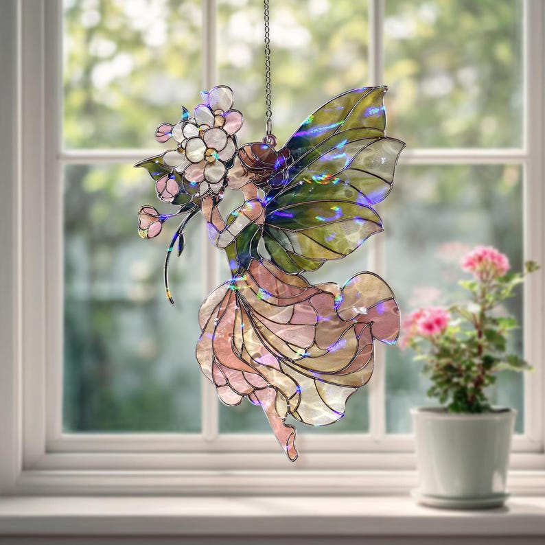 Acryl-Sonnenfänger Fee Blumen Fensterbehang Rosa Grün Wandkunst