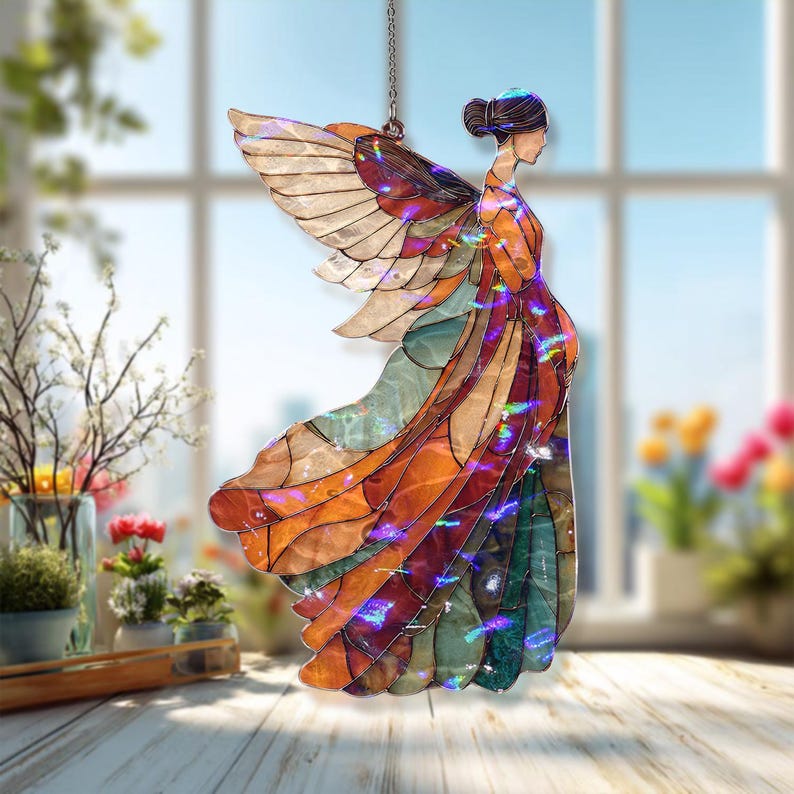 Acryl-Sonnenfänger, Glas-Schutzengel Fensterschmuck, spirituelle geflügelte Figur Wandkunst in warmen Erdtönen