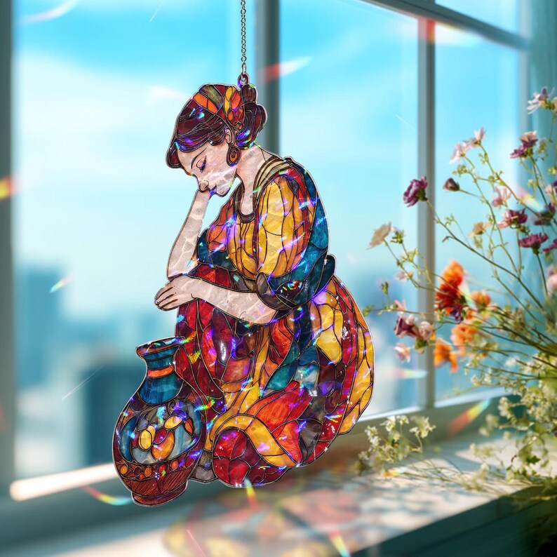 Acryl Suncatcher, Frau mit Vase, Bunte Glasmalerei Fensterbehang, Modernes Hauptakzentdekor