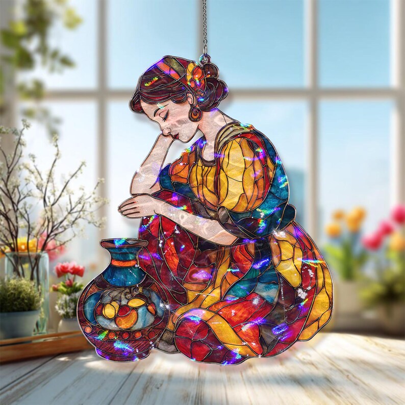 Acryl Suncatcher, Frau mit Vase, Bunte Glasmalerei Fensterbehang, Modernes Hauptakzentdekor