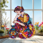 Acryl Suncatcher, Frau mit Vase, Bunte Glasmalerei Fensterbehang, Modernes Hauptakzentdekor