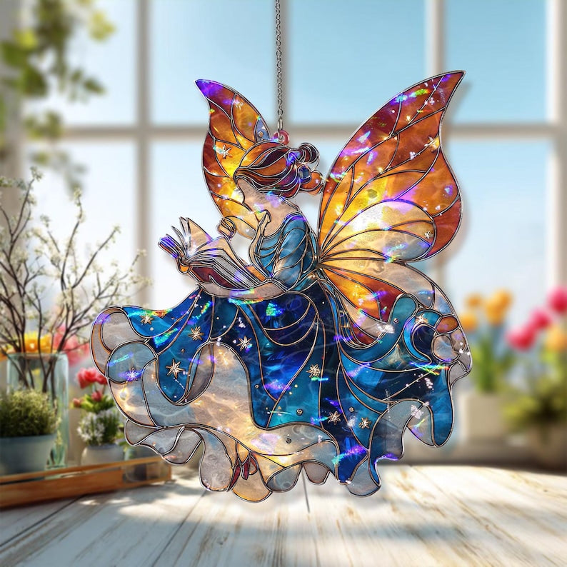 Acryl-Sonnenfänger Lesefee mit leuchtenden Flügeln, Glasmalerei-Stil, Fantasy Wohnkultur