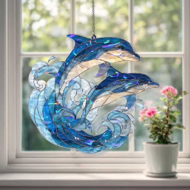 Acryl Suncatcher Ozeanwelle Buntglas Stil Blau Meer Fenster Panel Küsten Dekor