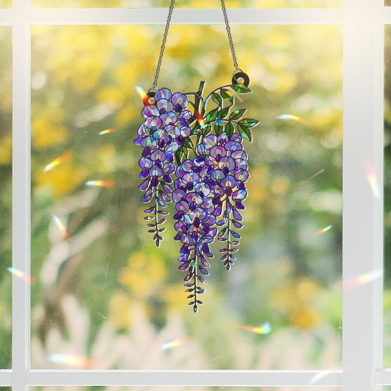 Glyzinien Sonnenfänger Lila Blumenkranz Hologramm Acryl Fensterdekoration