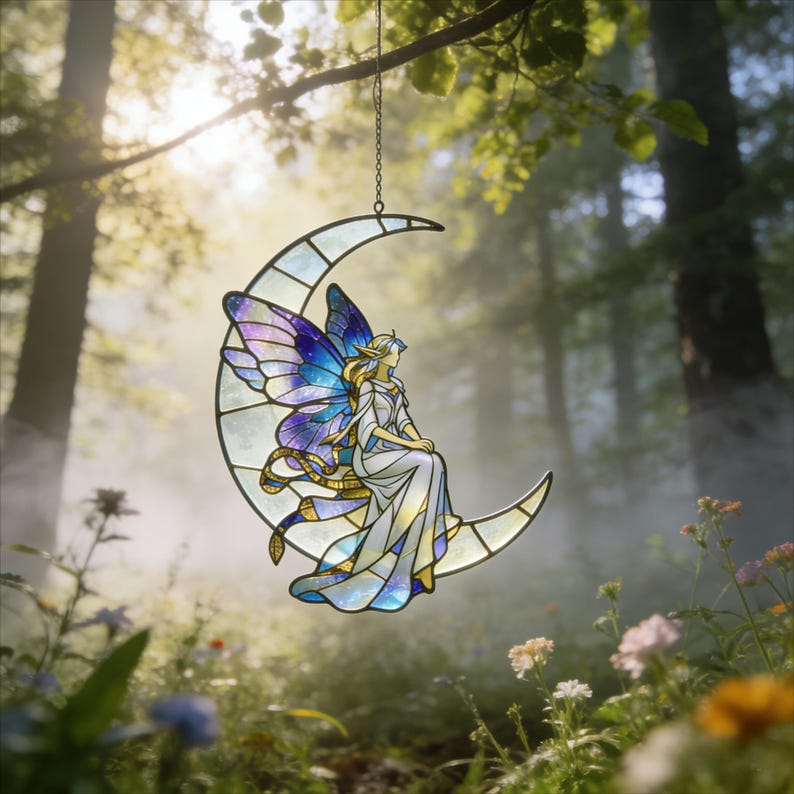 Fee Mond Glasmalerei Suncatcher, himmlische Kinderzimmer Dekor