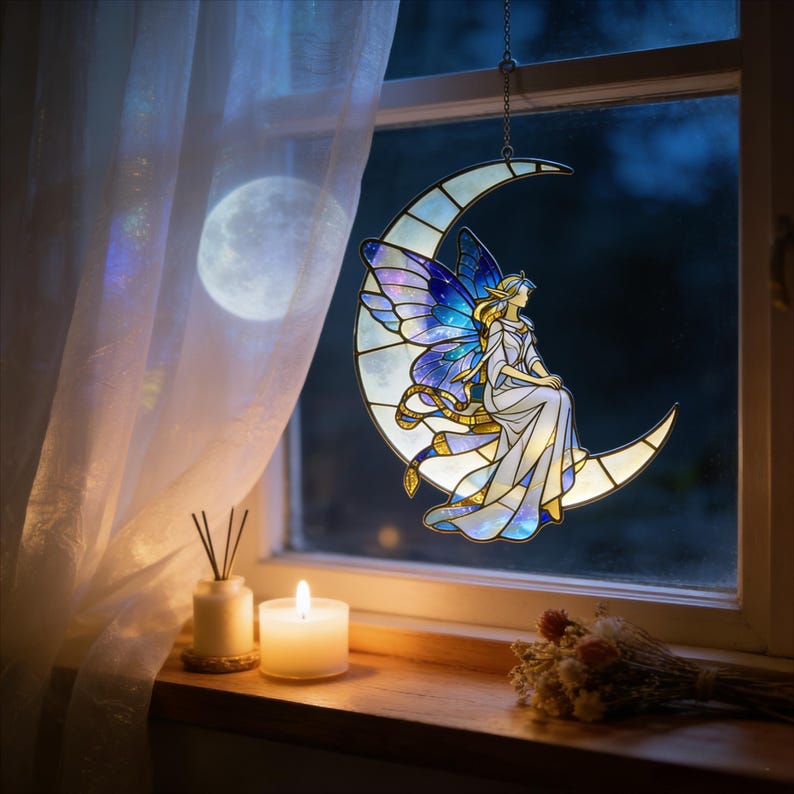 Fee Mond Glasmalerei Suncatcher, himmlische Kinderzimmer Dekor